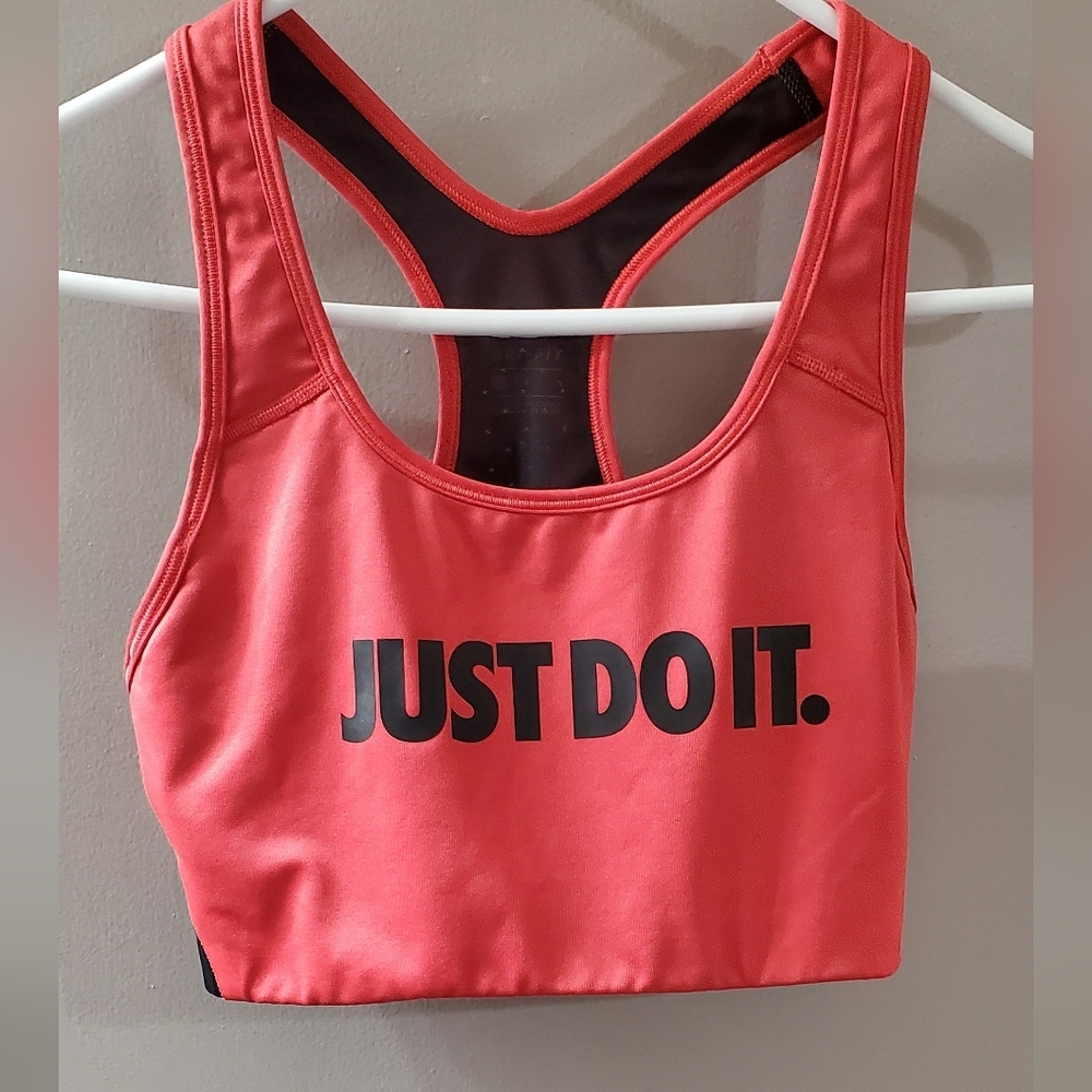 Nike Coral Sports Bra with Black Text. Sz L